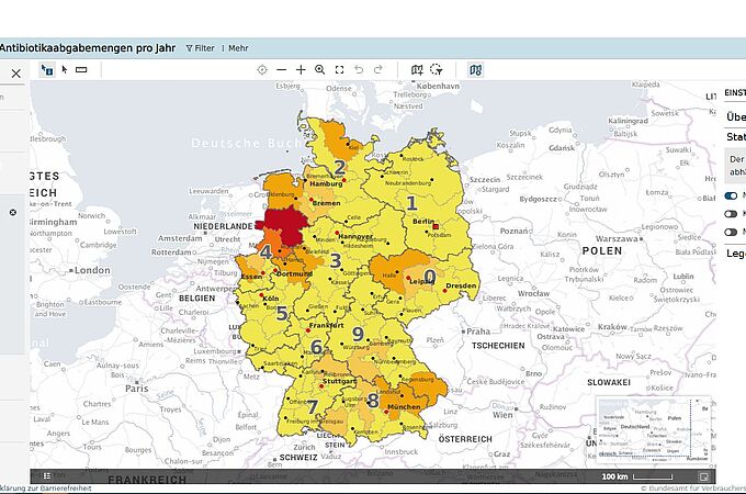 BVL-Datenportal: Antibiotikaabgabemengen nach Postleitregionen als Karte. Credits: BVL
